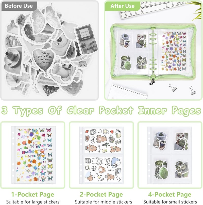Ruatu Sticker Organizer Binder - Reusable Sticker Collecting Book Storage Album Holder with Pocket Pages A5 Zipper Cover Collection Container (Green) - Image 3